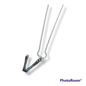 Jenia Stainless Steel Faux Wood Grain Monogram "V" 13" Necklace - NIB